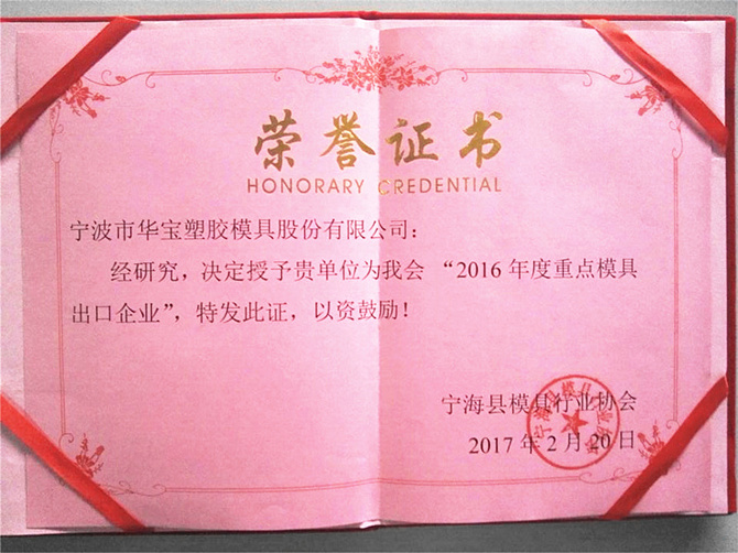 華寶公司榮獲寧海縣模具行業(yè)協(xié)會“2016年度重點模具出口企業(yè)”